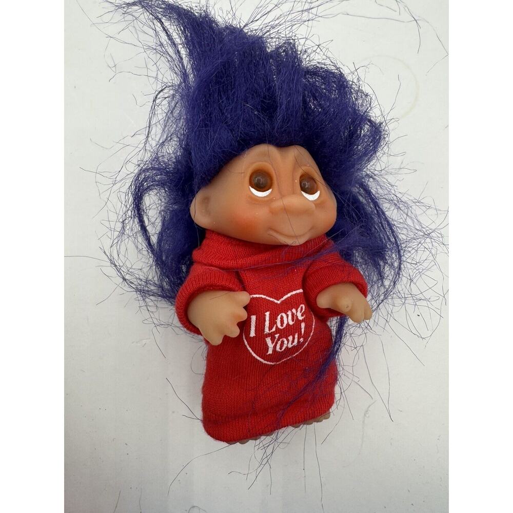 Vintage DAM Mini Troll Doll 1985 Pink Cheeks Purple Hair Red Long shirt I Love U